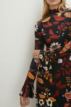 Clearance Oasis Petite Paisley Velvet Funnel Neck Tiered Midi Dress Multi
