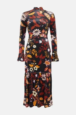 Clearance Oasis Petite Paisley Velvet Funnel Neck Tiered Midi Dress Multi