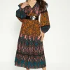 Clearance Oasis Petite Patched Aztec Ruffle Trim Detailed Midi Dress Animal