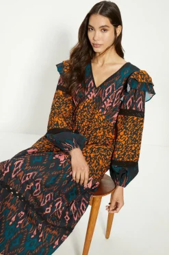 Clearance Oasis Petite Patched Aztec Ruffle Trim Detailed Midi Dress Animal