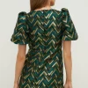 New Oasis Petite Patterned Jacquard Puff Sleeve Dress Pink