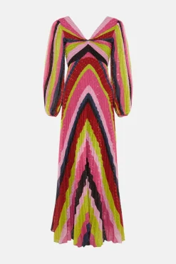 Clearance Oasis Petite Pleat Stripe Metallic V Midi Dress Pink