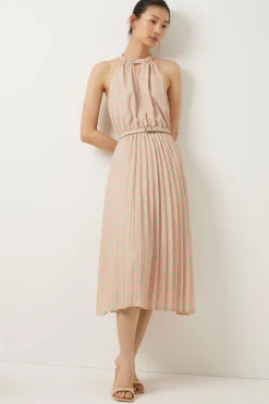 Hot Oasis Petite Polka Dot Halter Pleated Midi Dress Taupe