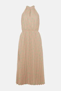 Hot Oasis Petite Polka Dot Halter Pleated Midi Dress Taupe