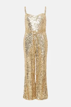 Clearance Oasis Petite Premium Chain Strap Sequin Jumpsuit Gold