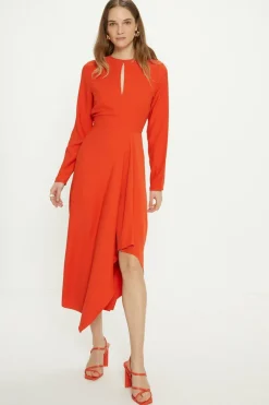 Hot Oasis Petite Premium Crepe Waterfall Skirt Midi Dress Orange