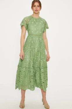 Outlet Oasis Petite Premium Floral Lace Cap Sleeve Midi Dress Apple Green
