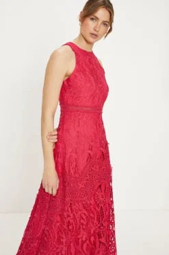 Discount Oasis Petite Premium Floral Lace Halter Midaxi Dress Hot Pink