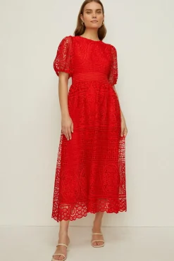 Sale Oasis Petite Premium Lace Midi Dress Red