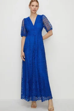 New Oasis Petite Premium Lace V Neck Maxi Dress Cobalt