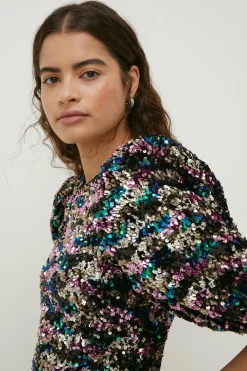 Best Oasis Petite Premium Mixed Sequin Puff Sleeve Mini Multi