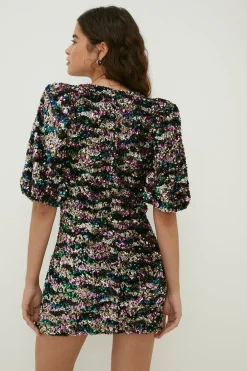 Best Oasis Petite Premium Mixed Sequin Puff Sleeve Mini Multi
