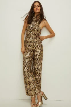 Hot Oasis Petite Print Tie Front Jumpsuit Animal
