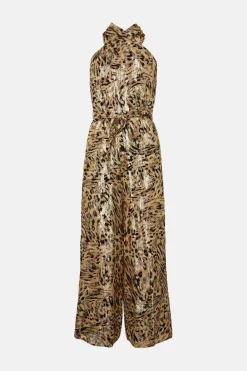 Hot Oasis Petite Print Tie Front Jumpsuit Animal