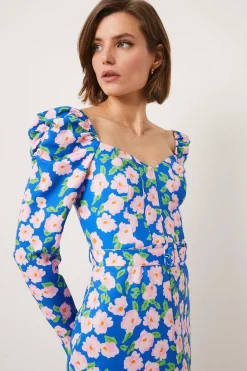 Online Oasis Petite Printed Floral Puff Sleeve Midi Dress Blue