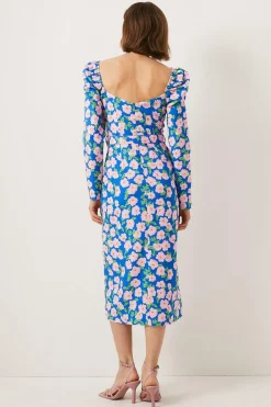 Online Oasis Petite Printed Floral Puff Sleeve Midi Dress Blue