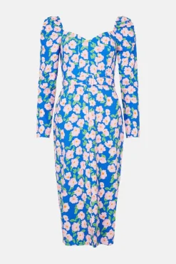 Online Oasis Petite Printed Floral Puff Sleeve Midi Dress Blue