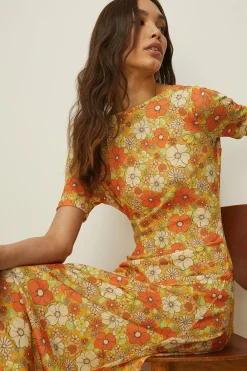Fashion Oasis Petite Printed Mesh Tie Back Midi Dress Yellow