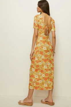 Fashion Oasis Petite Printed Mesh Tie Back Midi Dress Yellow