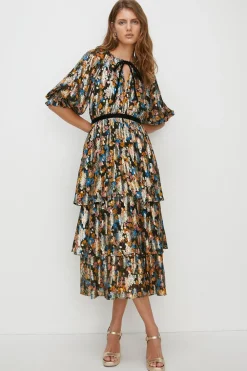 Sale Oasis Petite Printed Metallic Tiered Dress Black