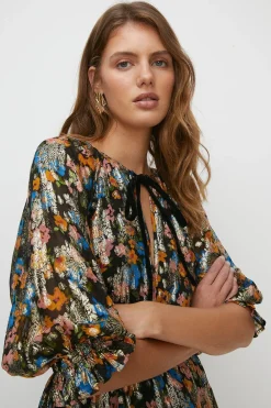 Sale Oasis Petite Printed Metallic Tiered Dress Black