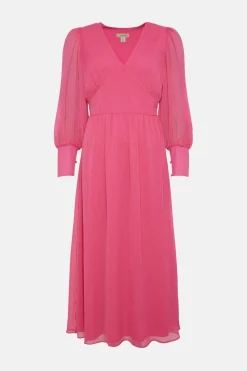 Best Oasis Petite Puff Sleeve Chiffon Midi Dress Pink