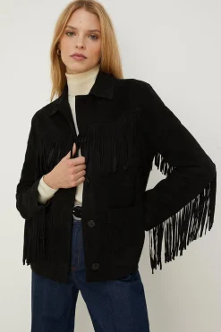Outlet Oasis Petite Rachel Stevens Real Leather Fringe Jacket Black