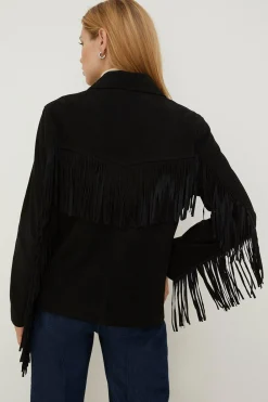 Outlet Oasis Petite Rachel Stevens Real Leather Fringe Jacket Black