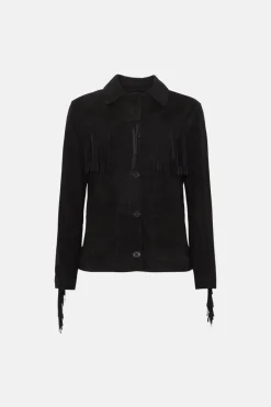 Outlet Oasis Petite Rachel Stevens Real Leather Fringe Jacket Black