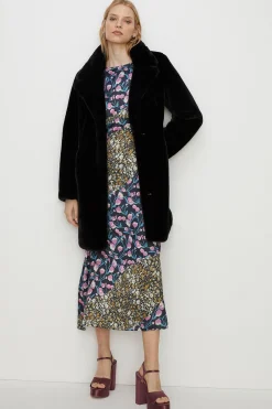Outlet Oasis Petite Recycled Faux Fur Collared Long Coat Black