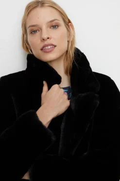 Outlet Oasis Petite Recycled Faux Fur Collared Long Coat Black