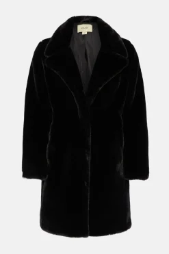 Outlet Oasis Petite Recycled Faux Fur Collared Long Coat Black