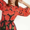 Sale Oasis Petite Rose Placement Puff Sleeve Midi Dress Red