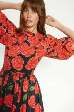 Sale Oasis Petite Rose Placement Puff Sleeve Midi Dress Red