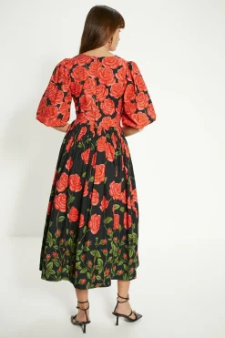 Sale Oasis Petite Rose Placement Puff Sleeve Midi Dress Red