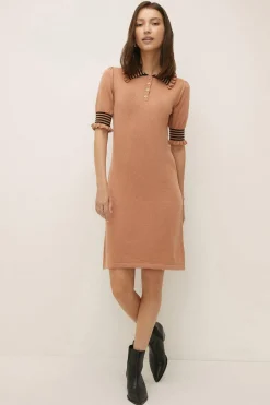 Outlet Oasis Petite Ruffle Polo Stripe Dress Camel