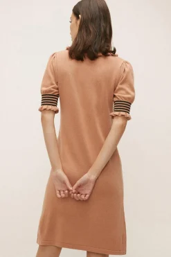 Outlet Oasis Petite Ruffle Polo Stripe Dress Camel