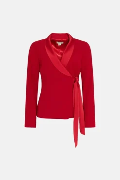 New Oasis Petite Satin Collar Wrap Crepe Blazer Red