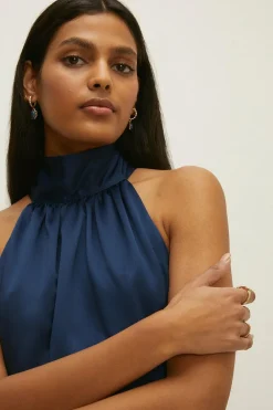 Clearance Oasis Petite Satin Halter Neck Midi Dress Navy