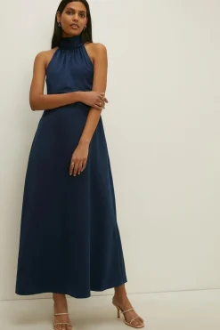 Clearance Oasis Petite Satin Halter Neck Midi Dress Navy