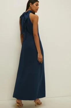 Clearance Oasis Petite Satin Halter Neck Midi Dress Navy