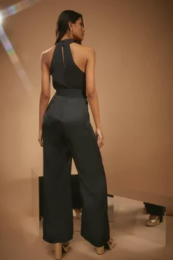Online Oasis Petite Satin Halterneck Belted Jumpsuit Black