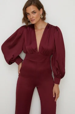 Sale Oasis Petite Satin Plunge Balloon Sleeve Jumpsuit Berry