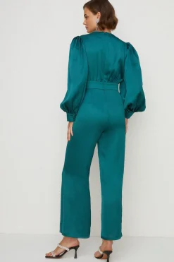 Hot Oasis Petite Satin Plunge Balloon Sleeve Jumpsuit Emerald