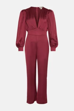 Sale Oasis Petite Satin Plunge Balloon Sleeve Jumpsuit Berry