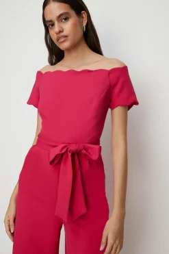 Online Oasis Petite Scallop Belted Bardot Jumpsuit Pink