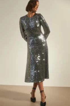 Sale Oasis Petite Sequin Belted Crew Neck Midi Dress Silver