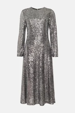Sale Oasis Petite Sequin Belted Crew Neck Midi Dress Silver