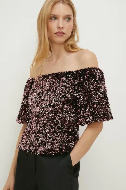 Fashion Oasis Petite Sequin Velvet Bardot Top Pink