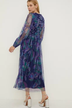 Outlet Oasis Petite Sequin Watercolour Mesh Midi Dress Navy